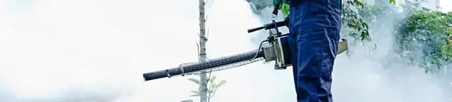 Pest control technician fogging an outdoor area for insect control in Pueblo, CO